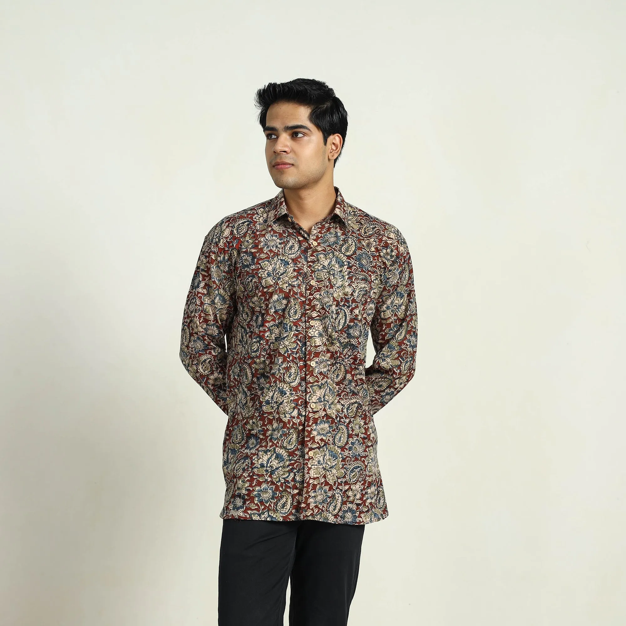 Red - Pedana Block Print Cotton Men Kalamkari Shirt 13 sold by Itokri