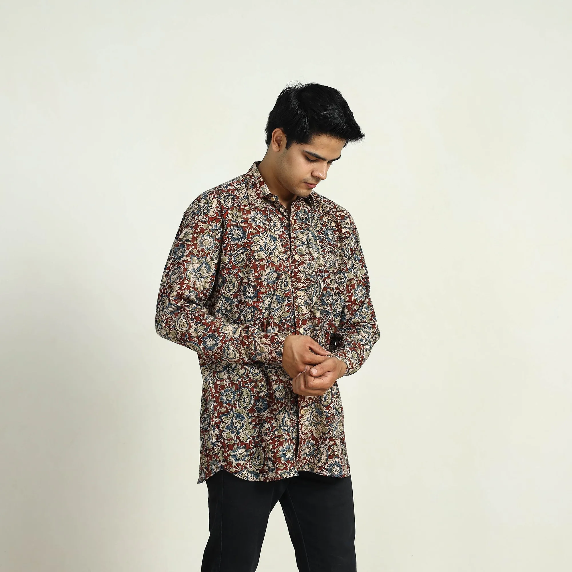 Red - Pedana Block Print Cotton Men Kalamkari Shirt 13 sold by Itokri product image thumbnail 3