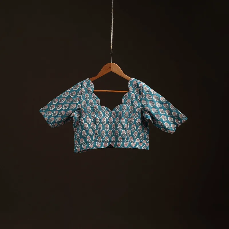 Blue - Hand Block Print Cotton Sanganeri Readymade Blouse 13 sold by Itokri