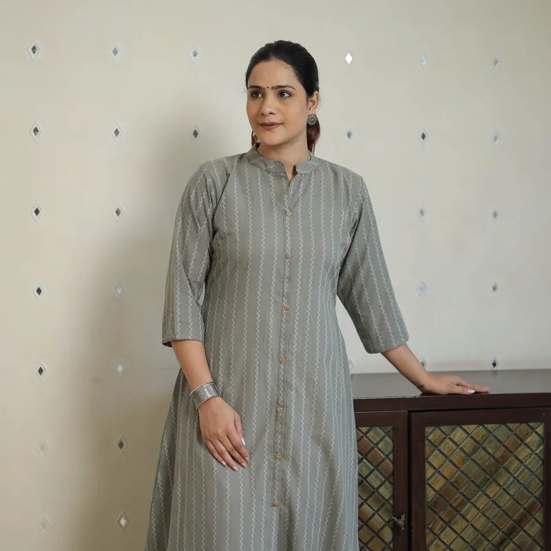 Grey - Jacquard Cotton A-Line Kurta 16 made by Itokri