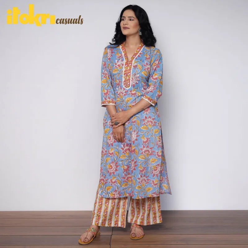 Sky Blue Sanganeri Hand Block Printed Cotton Kurta with Palazzo Set sold by Itokri
