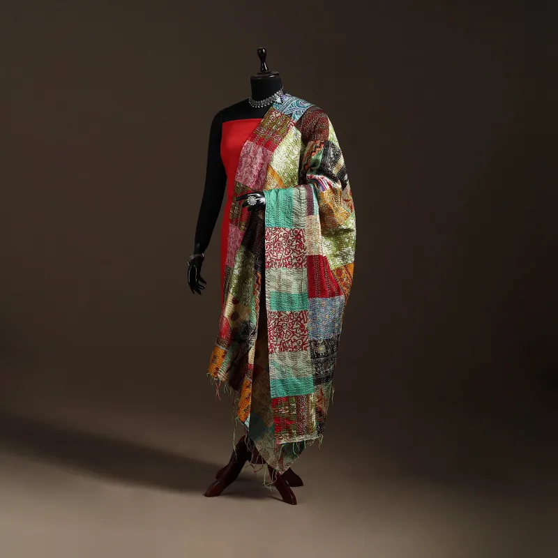 Multicolor - Bengal Hand Embroidery Patchwork Reversible Silk Kantha Dupatta 04 sold by Itokri