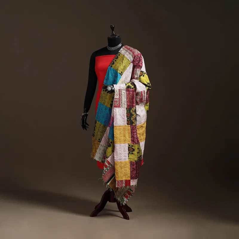 Multicolor - Bengal Hand Embroidery Patchwork Reversible Silk Kantha Dupatta 01 sold by Itokri
