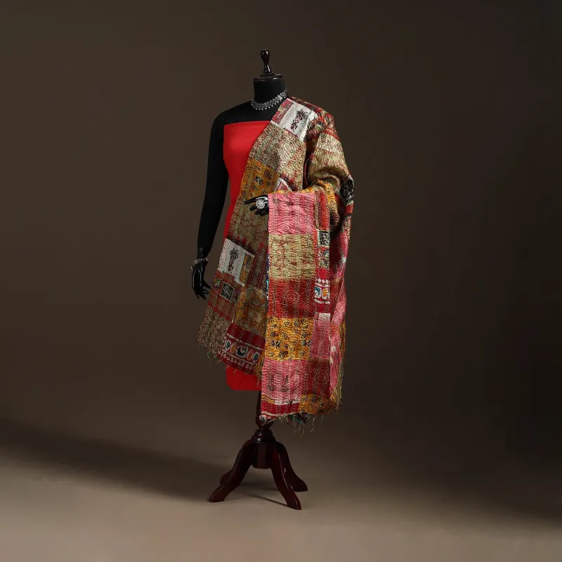 Multicolor - Bengal Hand Embroidery Patchwork Reversible Silk Kantha Dupatta 09 sold by Itokri