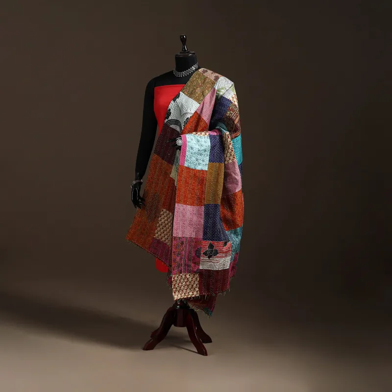 Multicolor - Bengal Hand Embroidery Patchwork Reversible Silk Kantha Dupatta 08 sold by Itokri