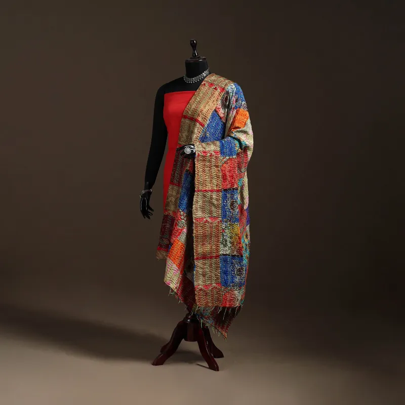 Multicolor - Bengal Hand Embroidery Patchwork Reversible Silk Kantha Dupatta 07 sold by Itokri
