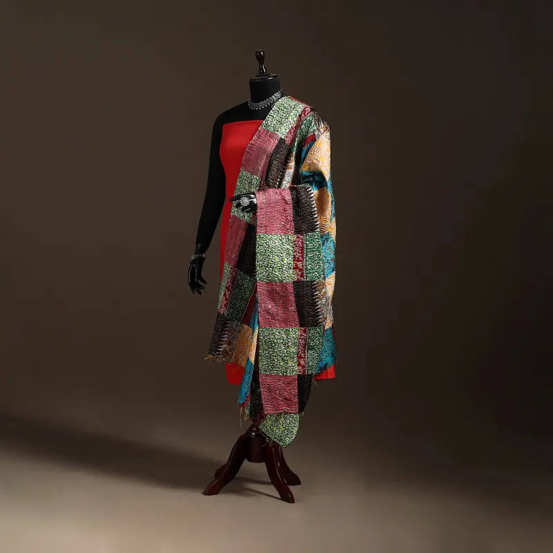 Multicolor - Bengal Hand Embroidery Patchwork Reversible Silk Kantha Dupatta 06 sold by Itokri