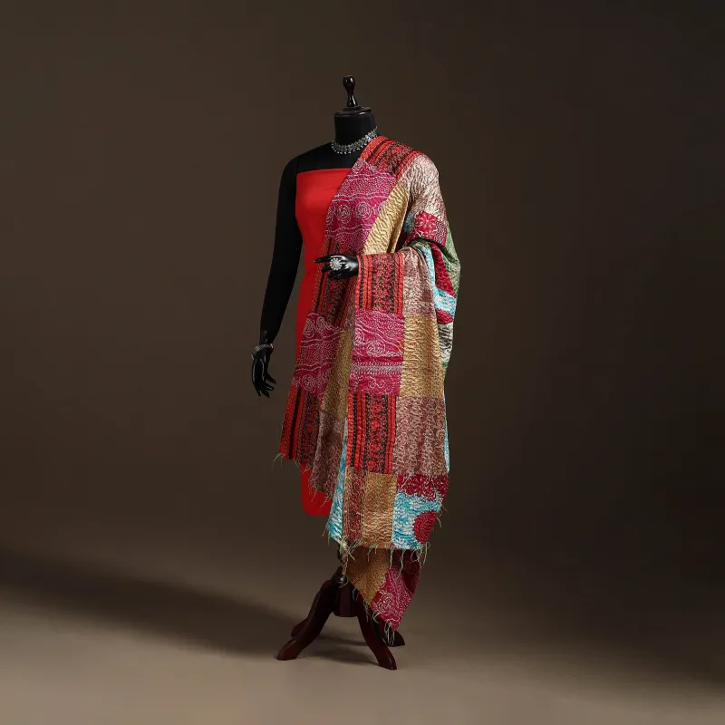 Multicolor - Bengal Hand Embroidery Patchwork Reversible Silk Kantha Dupatta 12 made by Itokri