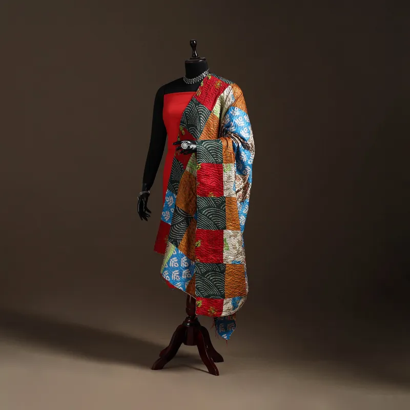 Multicolor - Bengal Hand Embroidery Patchwork Reversible Silk Kantha Dupatta 11 sold by Itokri