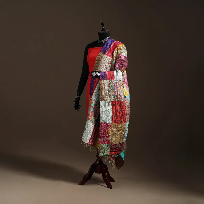 Multicolor - Bengal Hand Embroidery Patchwork Reversible Silk Kantha Dupatta 20 sold by Itokri