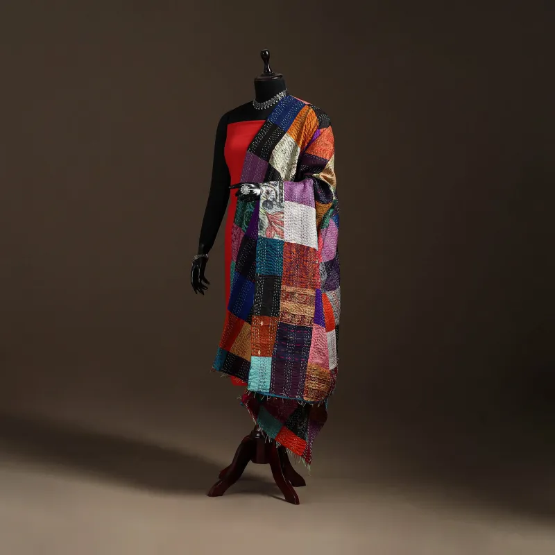 Multicolor - Bengal Hand Embroidery Patchwork Reversible Silk Kantha Dupatta 19 sold by Itokri