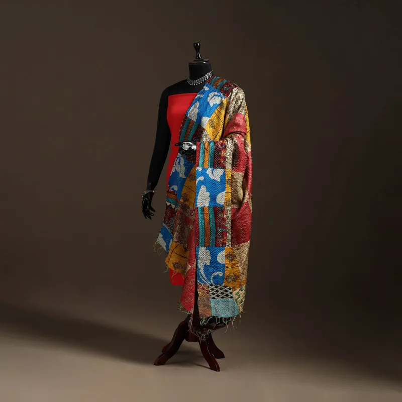 Multicolor - Bengal Hand Embroidery Patchwork Reversible Silk Kantha Dupatta 16 sold by Itokri