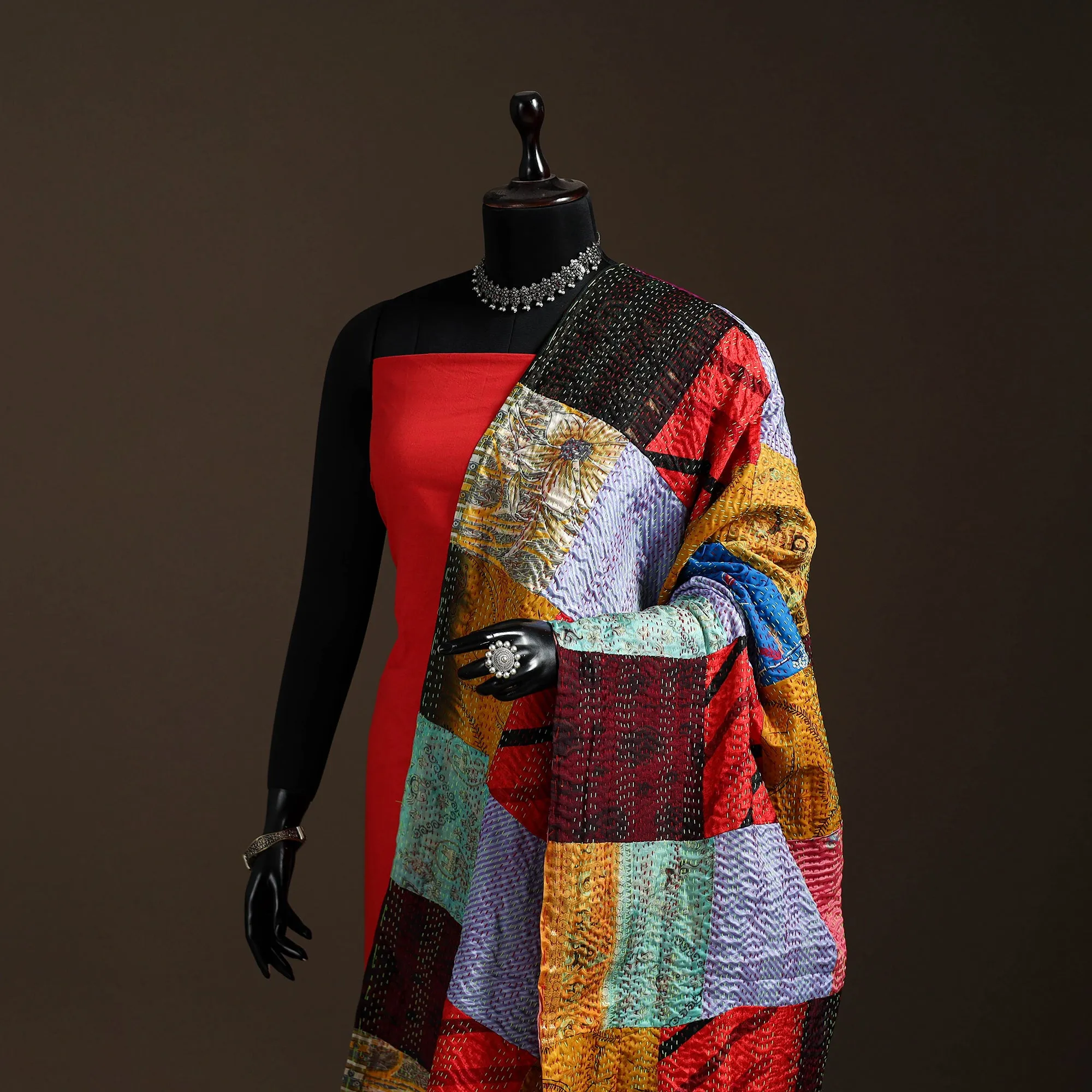 Multicolor - Bengal Hand Embroidery Patchwork Reversible Silk Kantha Dupatta 22 sold by Itokri product image thumbnail 2