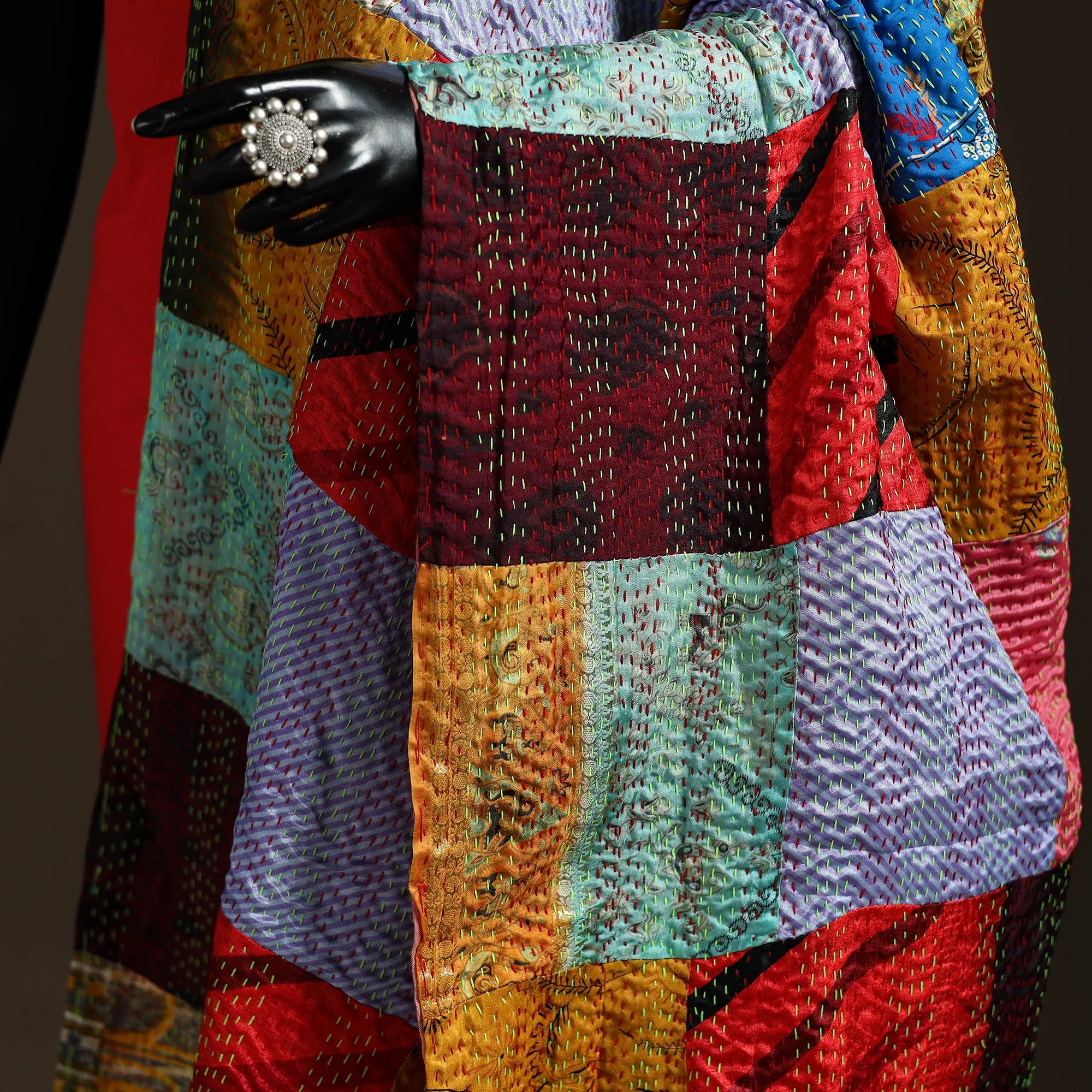 Multicolor - Bengal Hand Embroidery Patchwork Reversible Silk Kantha Dupatta 22 sold by Itokri product image thumbnail 3