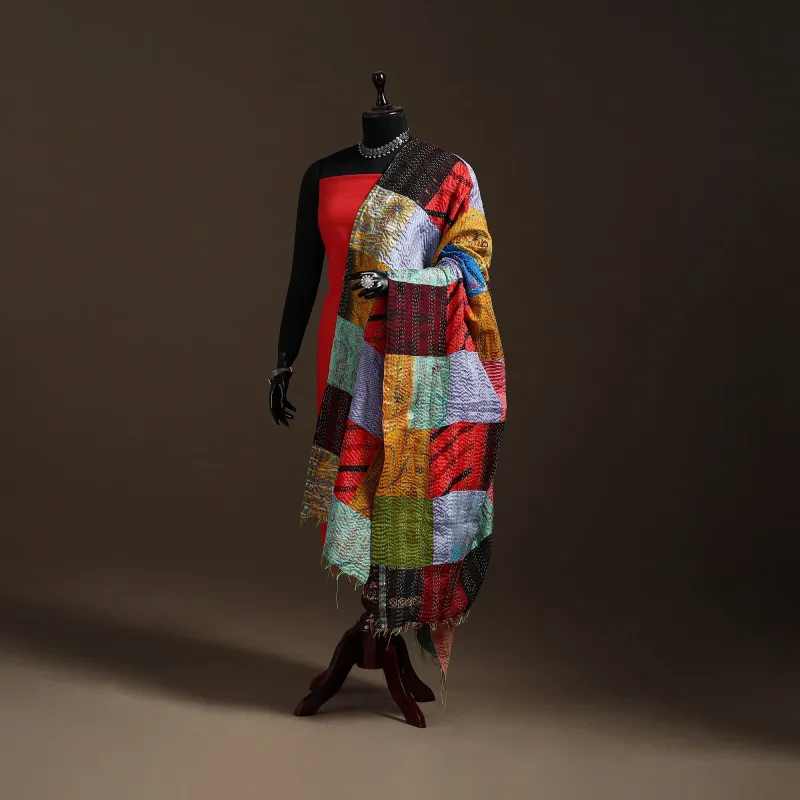 Multicolor - Bengal Hand Embroidery Patchwork Reversible Silk Kantha Dupatta 22 made by Itokri