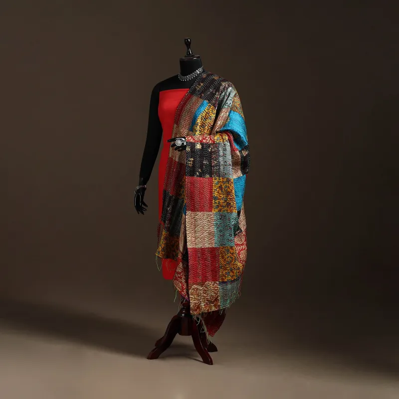 Multicolor - Bengal Hand Embroidery Patchwork Reversible Silk Kantha Dupatta 23 sold by Itokri