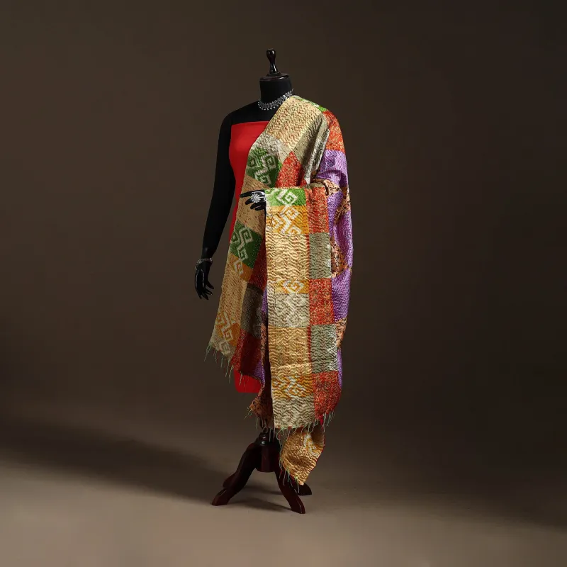 Multicolor - Bengal Hand Embroidery Patchwork Reversible Silk Kantha Dupatta 24 made by Itokri