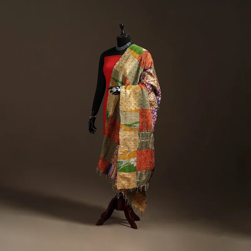 Multicolor - Bengal Hand Embroidery Patchwork Reversible Silk Kantha Dupatta 25 sold by Itokri