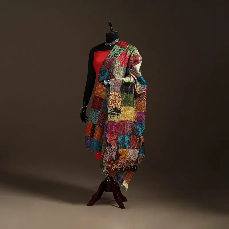 Multicolor - Bengal Hand Embroidery Patchwork Reversible Silk Kantha Dupatta 30 sold by Itokri