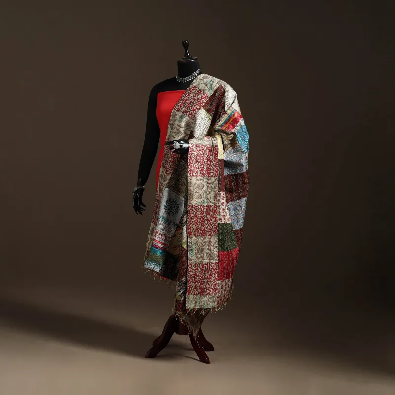 Multicolor - Bengal Hand Embroidery Patchwork Reversible Silk Kantha Dupatta 27 sold by Itokri