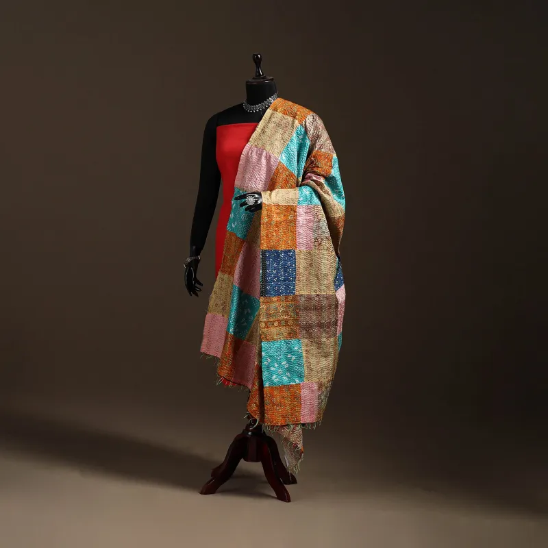 Multicolor - Bengal Hand Embroidery Patchwork Reversible Silk Kantha Dupatta 31 sold by Itokri