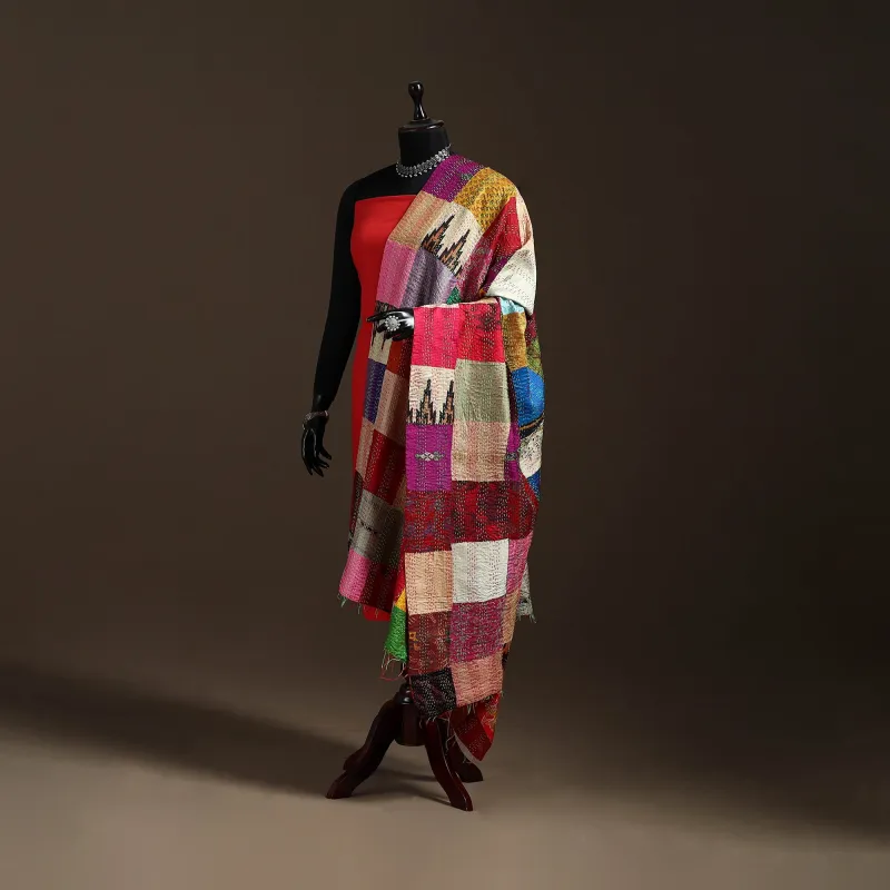Multicolor - Bengal Hand Embroidery Patchwork Reversible Silk Kantha Dupatta 32 sold by Itokri