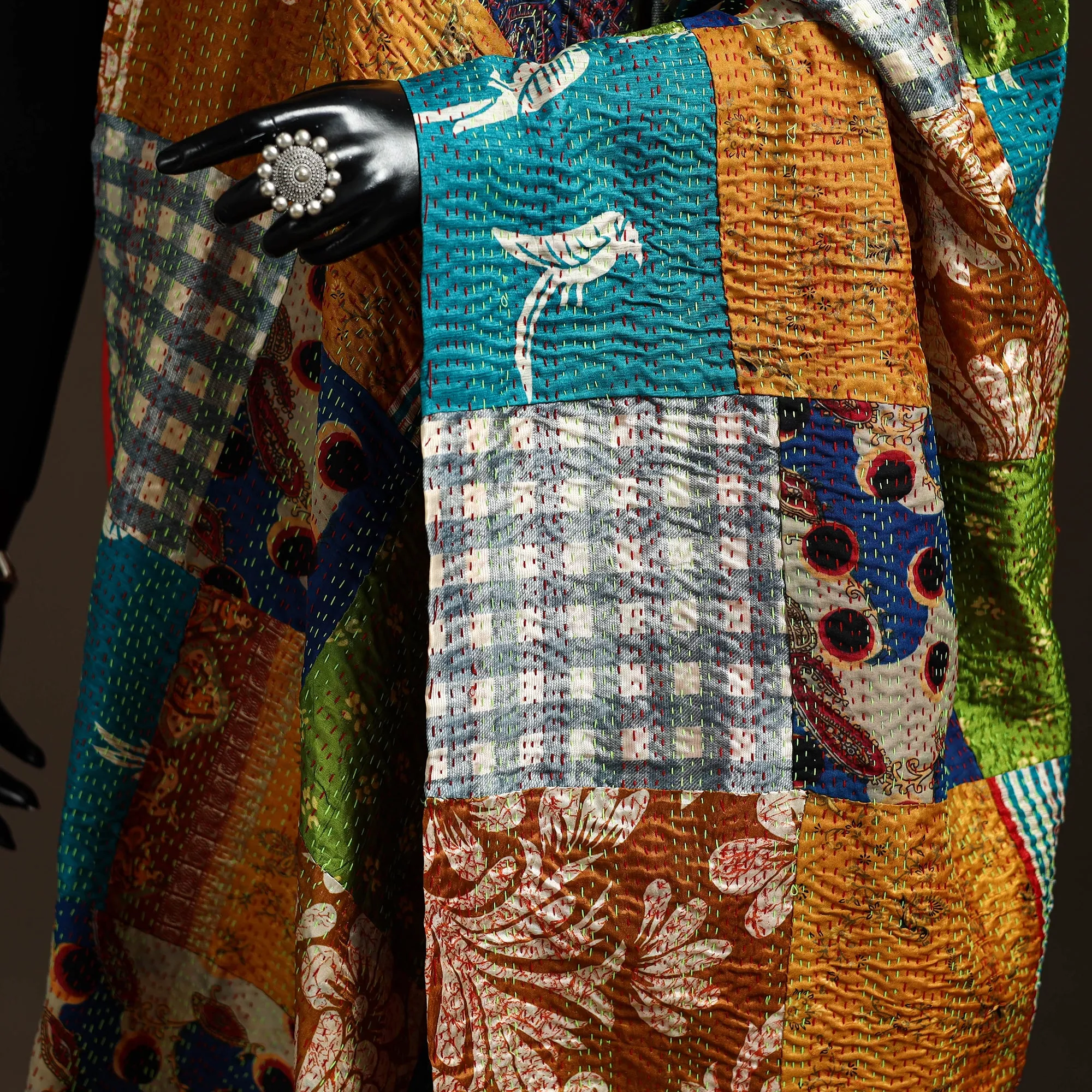 Multicolor - Bengal Hand Embroidery Patchwork Reversible Silk Kantha Dupatta 33 sold by Itokri product image thumbnail 3