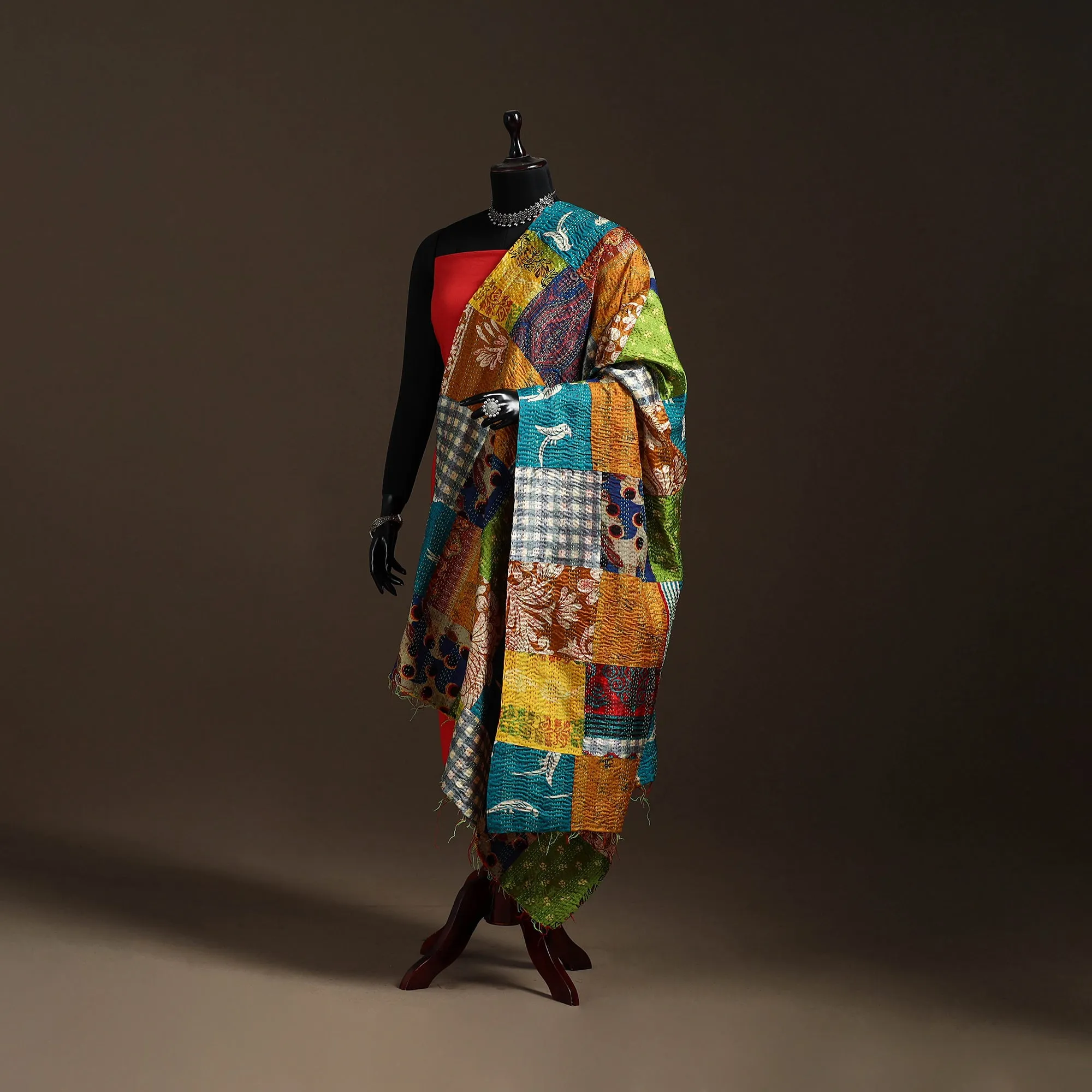 Multicolor - Bengal Hand Embroidery Patchwork Reversible Silk Kantha Dupatta 33 sold by Itokri