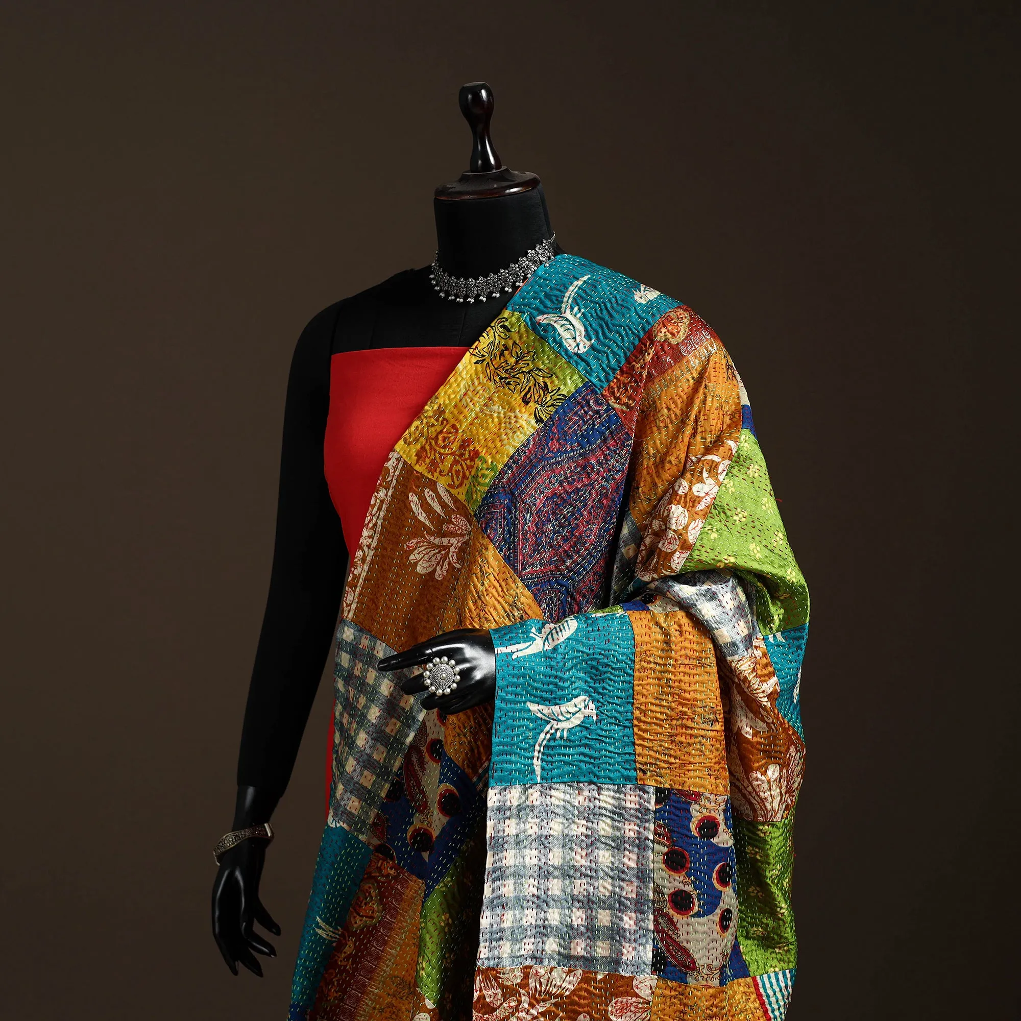 Multicolor - Bengal Hand Embroidery Patchwork Reversible Silk Kantha Dupatta 33 sold by Itokri product image thumbnail 2