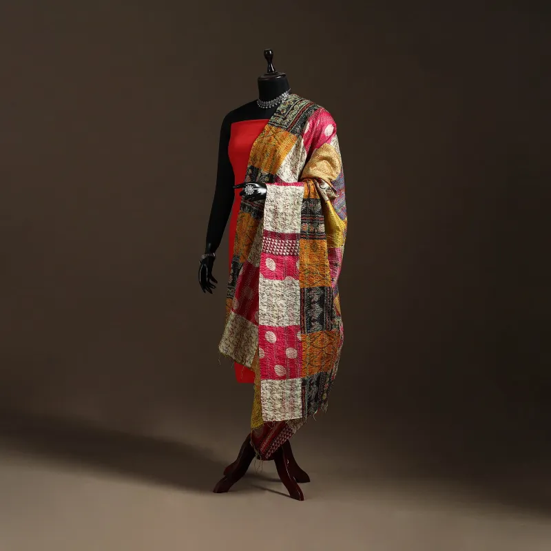 Multicolor - Bengal Hand Embroidery Patchwork Reversible Silk Kantha Dupatta 35 sold by Itokri