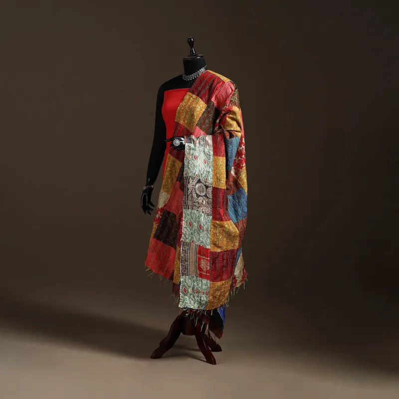 Multicolor - Bengal Hand Embroidery Patchwork Reversible Silk Kantha Dupatta 38 sold by Itokri
