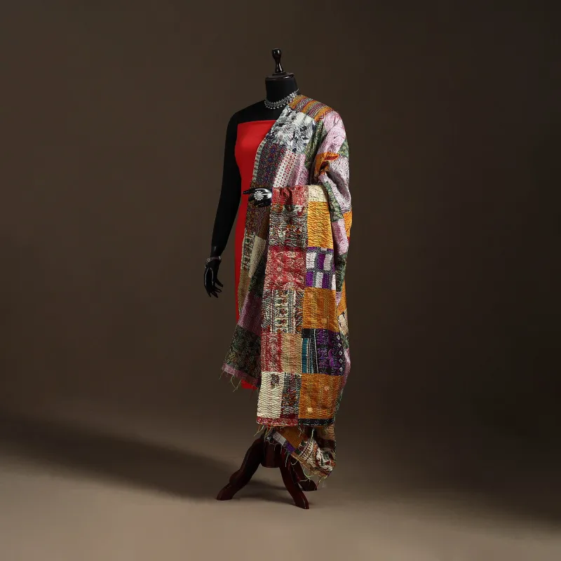 Multicolor - Bengal Hand Embroidery Patchwork Reversible Silk Kantha Dupatta 36 sold by Itokri
