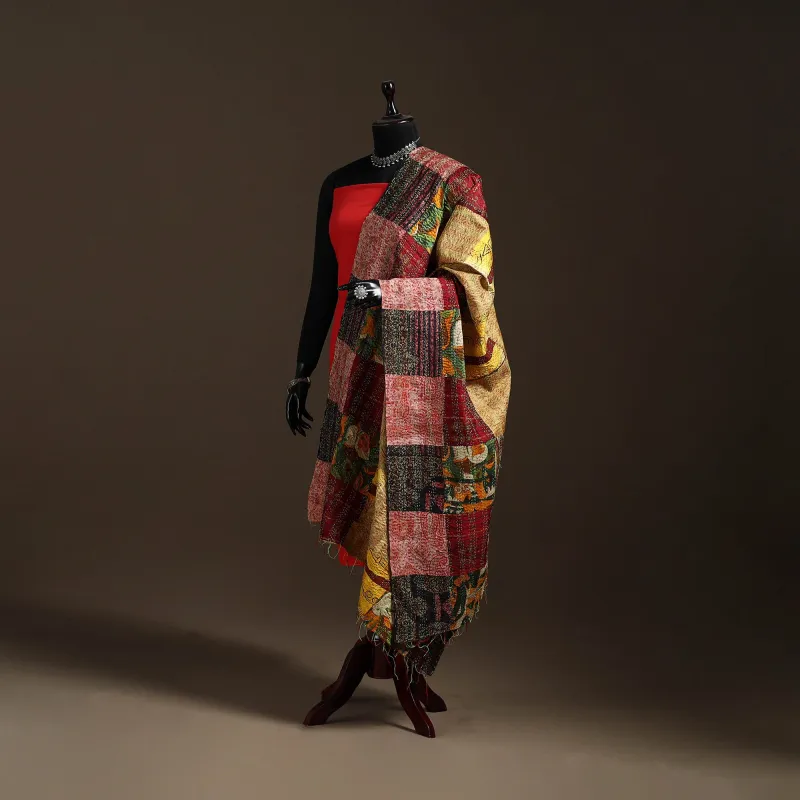 Multicolor - Bengal Hand Embroidery Patchwork Reversible Silk Kantha Dupatta 39 made by Itokri