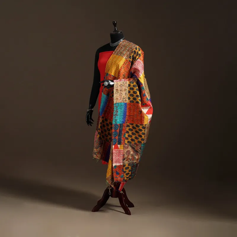 Multicolor - Bengal Hand Embroidery Patchwork Reversible Silk Kantha Dupatta 42 sold by Itokri