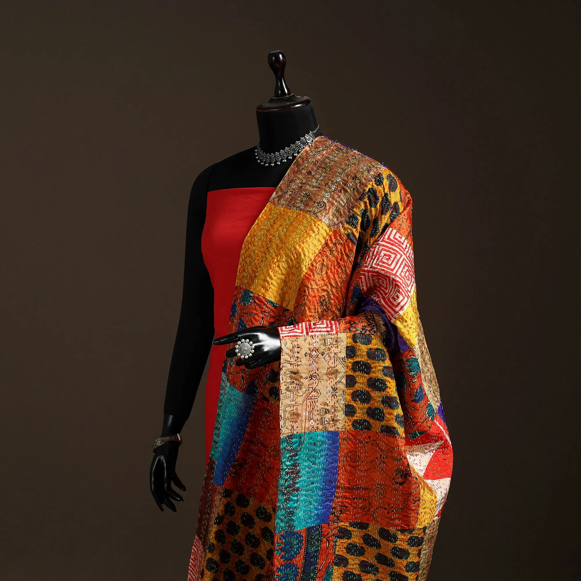 Multicolor - Bengal Hand Embroidery Patchwork Reversible Silk Kantha Dupatta 42 sold by Itokri product image thumbnail 2