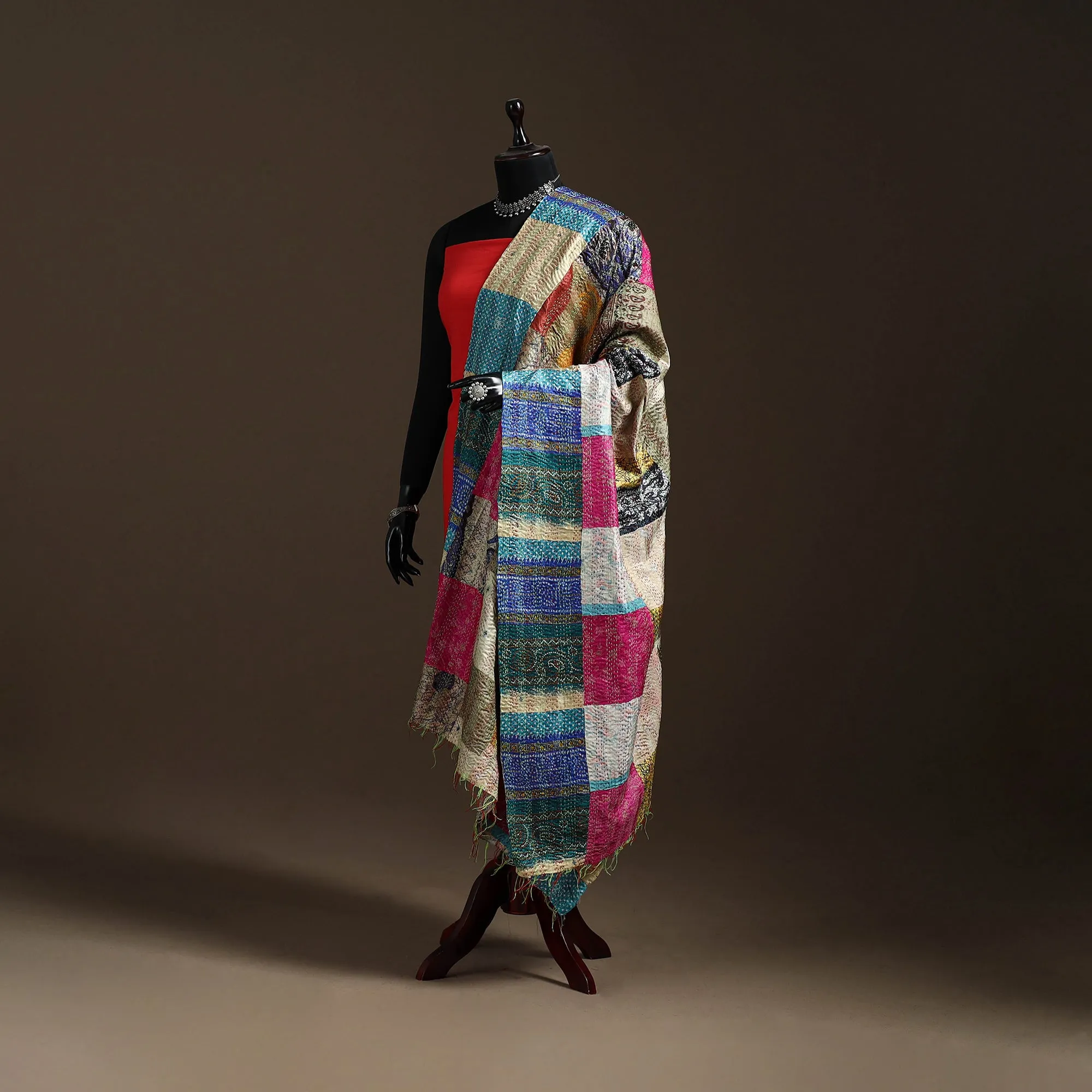 Multicolor - Bengal Hand Embroidery Patchwork Reversible Silk Kantha Dupatta 43 sold by Itokri