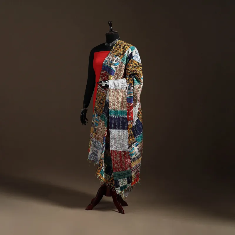 Multicolor - Bengal Hand Embroidery Patchwork Reversible Silk Kantha Dupatta 44 made by Itokri