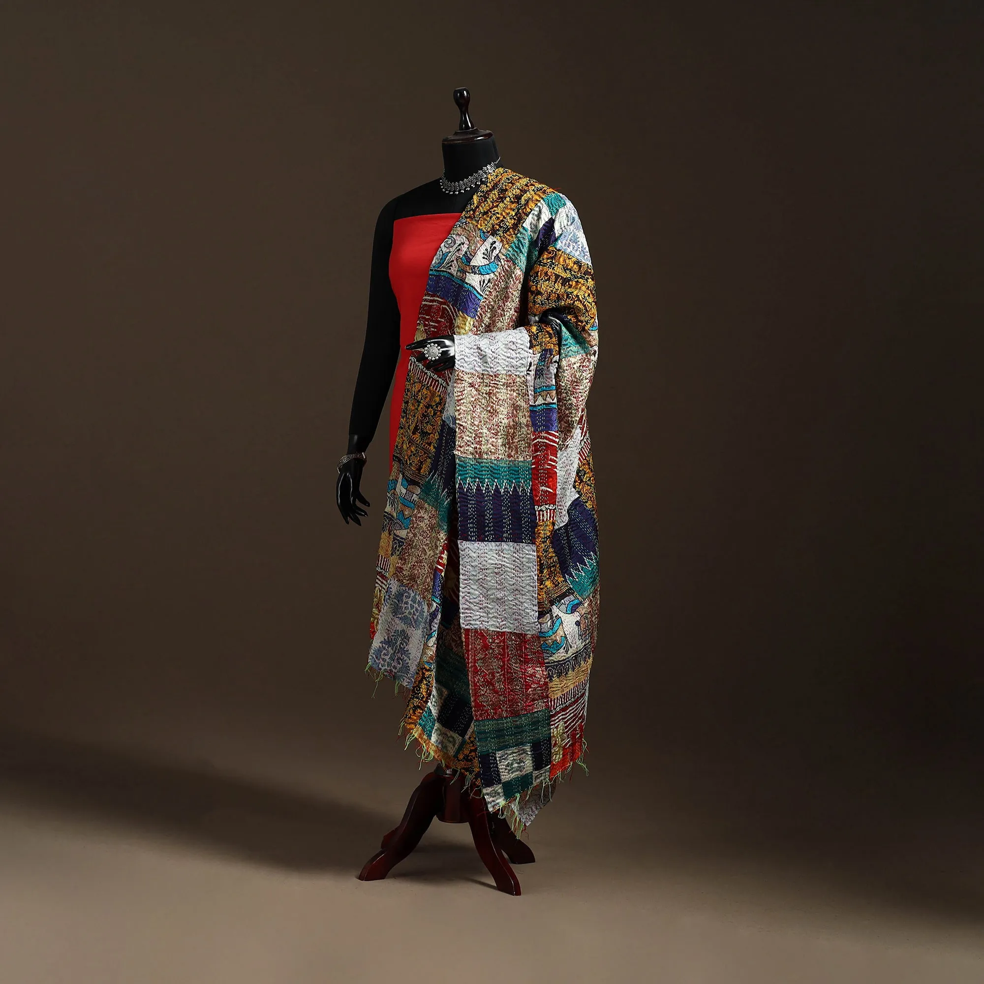 Multicolor - Bengal Hand Embroidery Patchwork Reversible Silk Kantha Dupatta 44 sold by Itokri