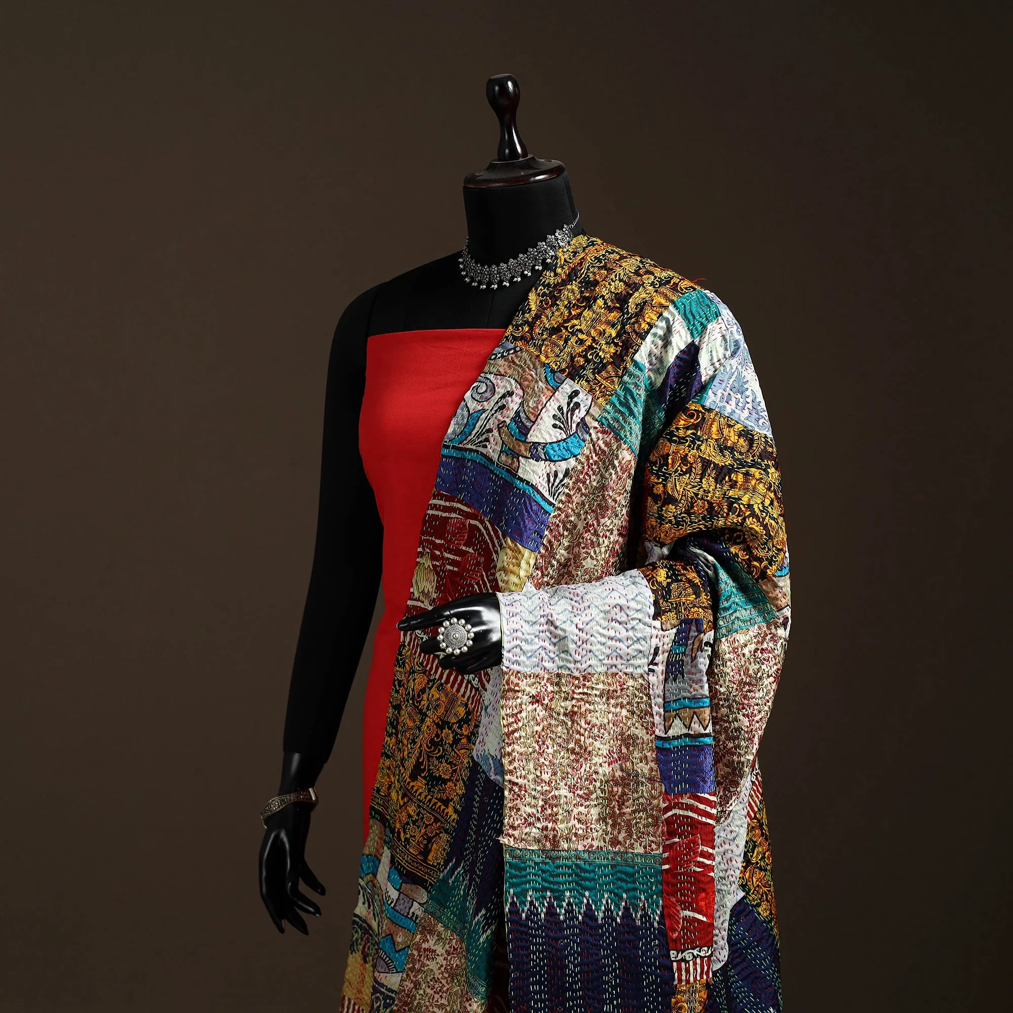 Multicolor - Bengal Hand Embroidery Patchwork Reversible Silk Kantha Dupatta 44 sold by Itokri product image thumbnail 2