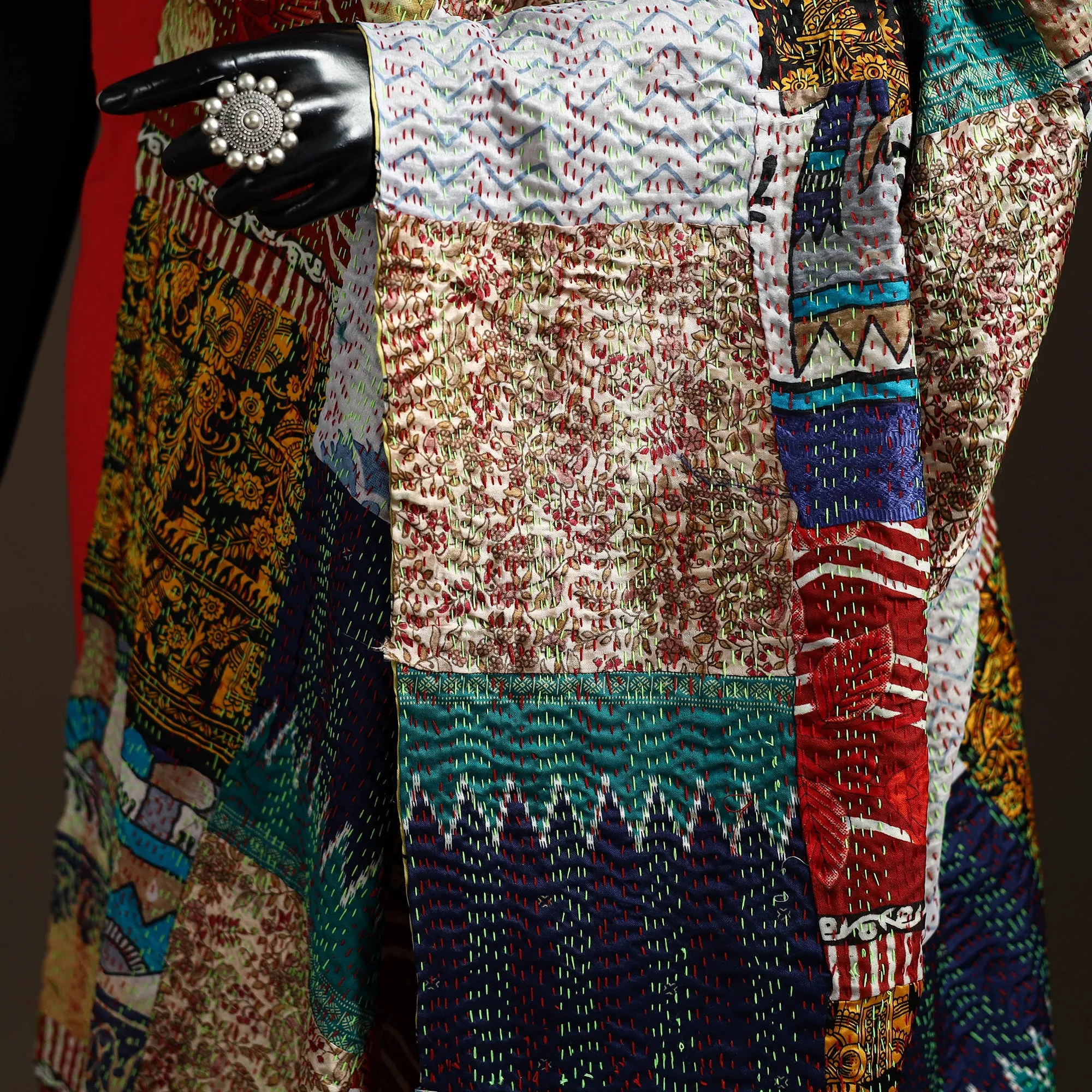 Multicolor - Bengal Hand Embroidery Patchwork Reversible Silk Kantha Dupatta 44 sold by Itokri product image thumbnail 3