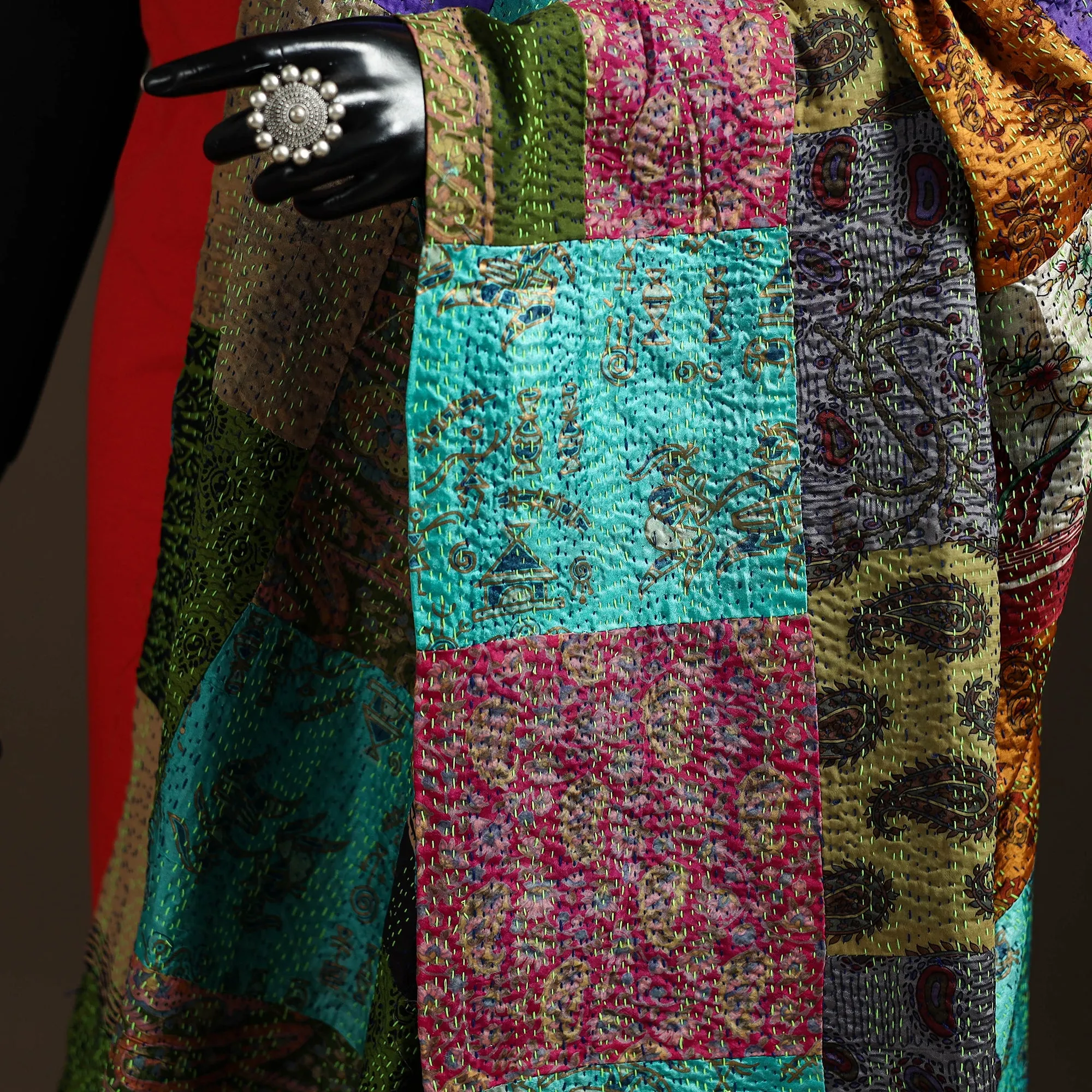 Multicolor - Bengal Hand Embroidery Patchwork Reversible Silk Kantha Dupatta 52 sold by Itokri product image thumbnail 3