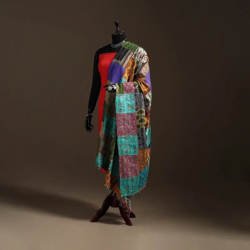 Multicolor - Bengal Hand Embroidery Patchwork Reversible Silk Kantha Dupatta 52 sold by Itokri