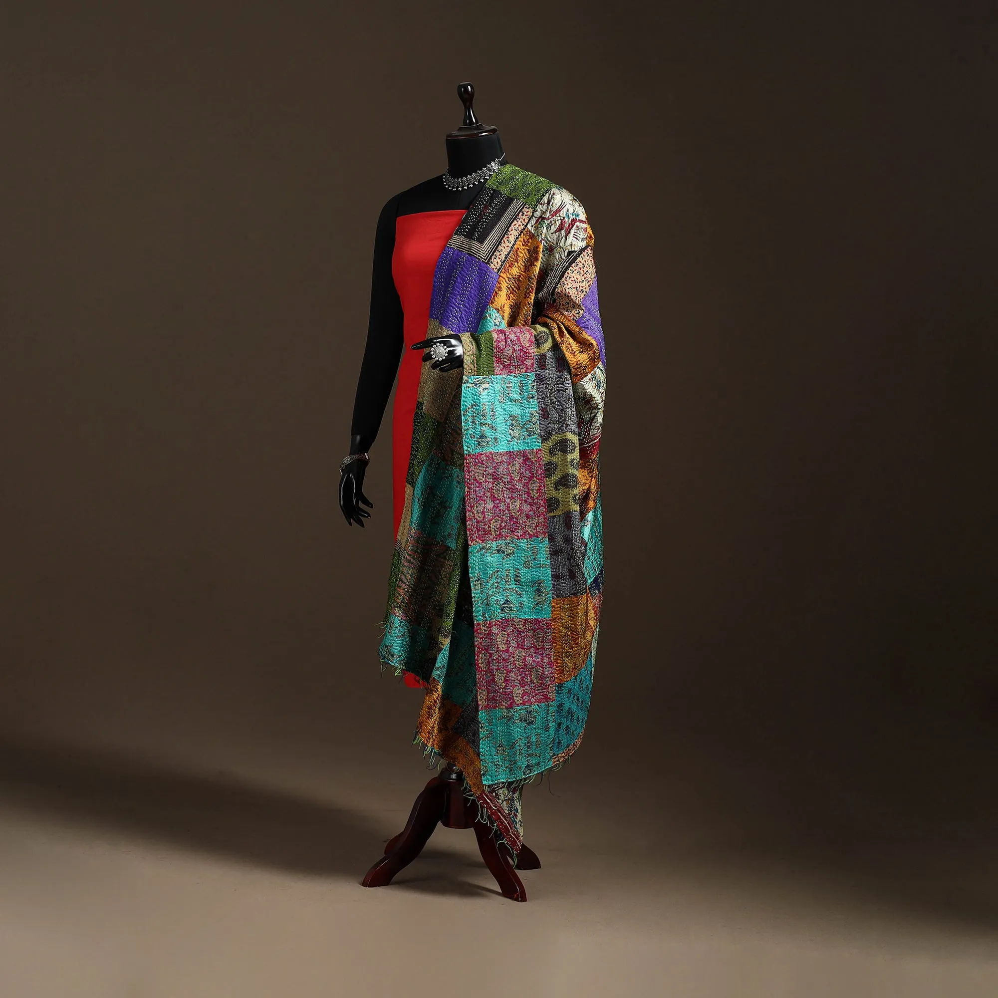 Multicolor - Bengal Hand Embroidery Patchwork Reversible Silk Kantha Dupatta 52 sold by Itokri