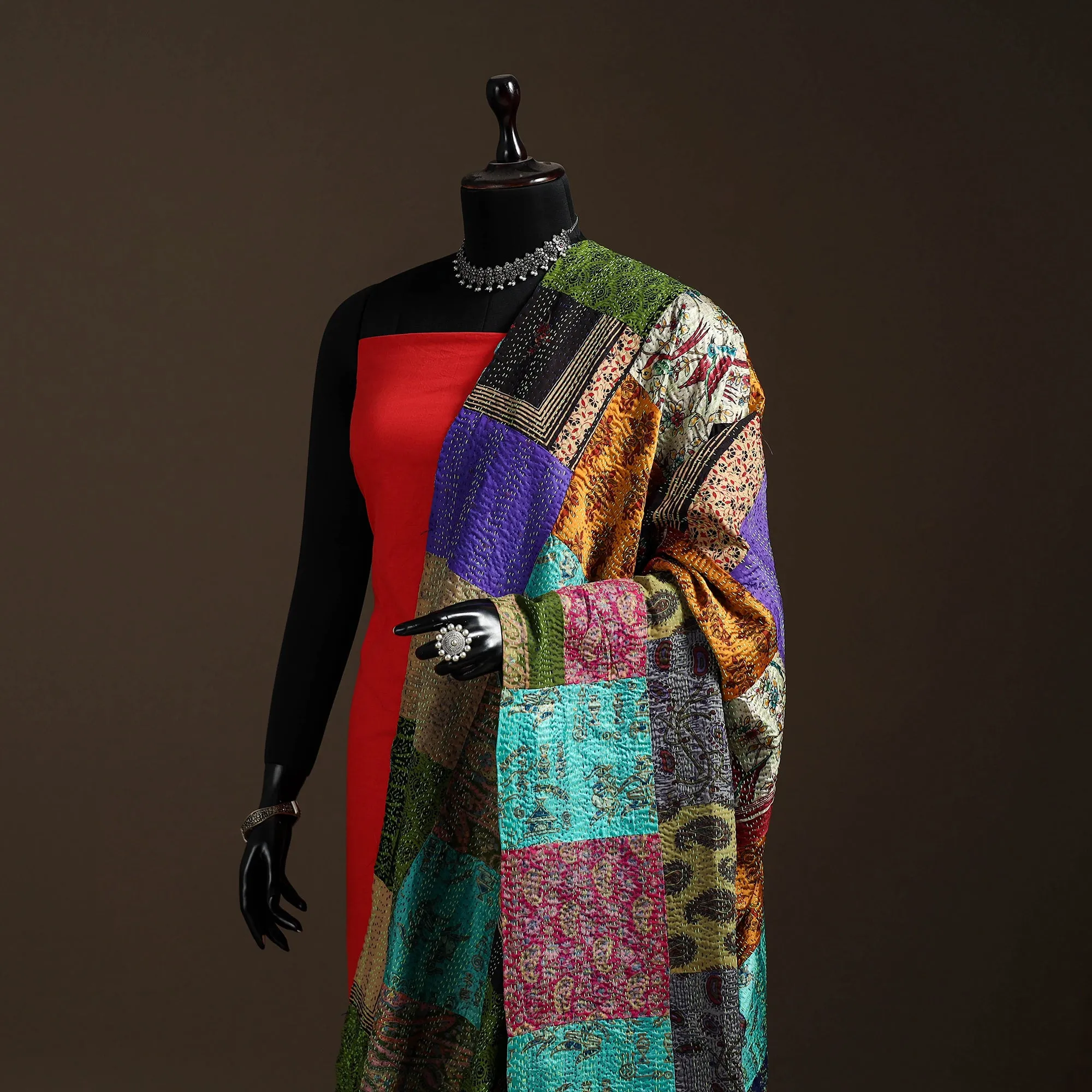 Multicolor - Bengal Hand Embroidery Patchwork Reversible Silk Kantha Dupatta 52 sold by Itokri product image thumbnail 2