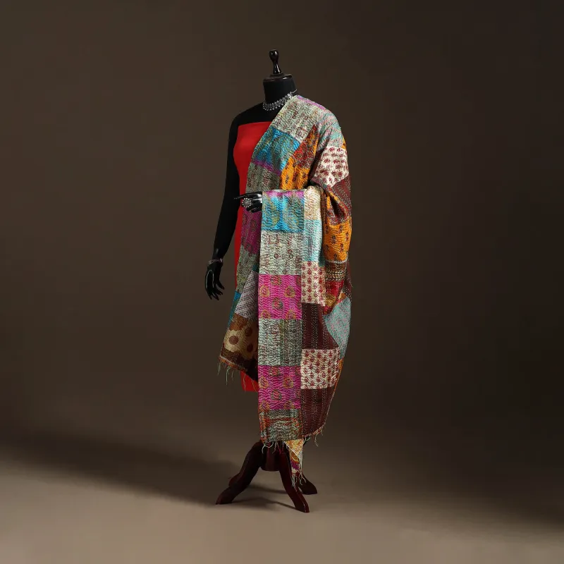 Multicolor - Bengal Hand Embroidery Patchwork Reversible Silk Kantha Dupatta 50 sold by Itokri