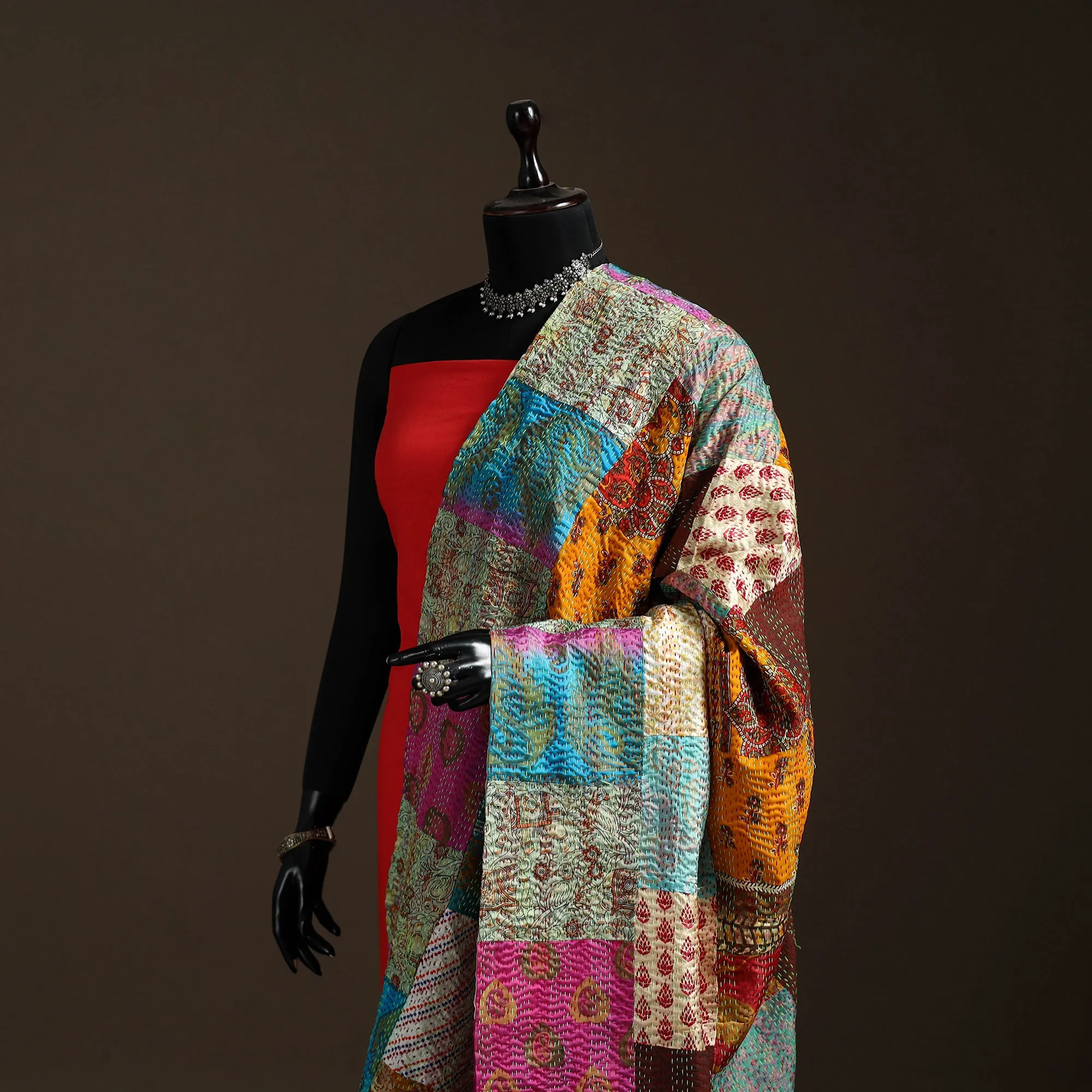 Multicolor - Bengal Hand Embroidery Patchwork Reversible Silk Kantha Dupatta 50 sold by Itokri product image thumbnail 2