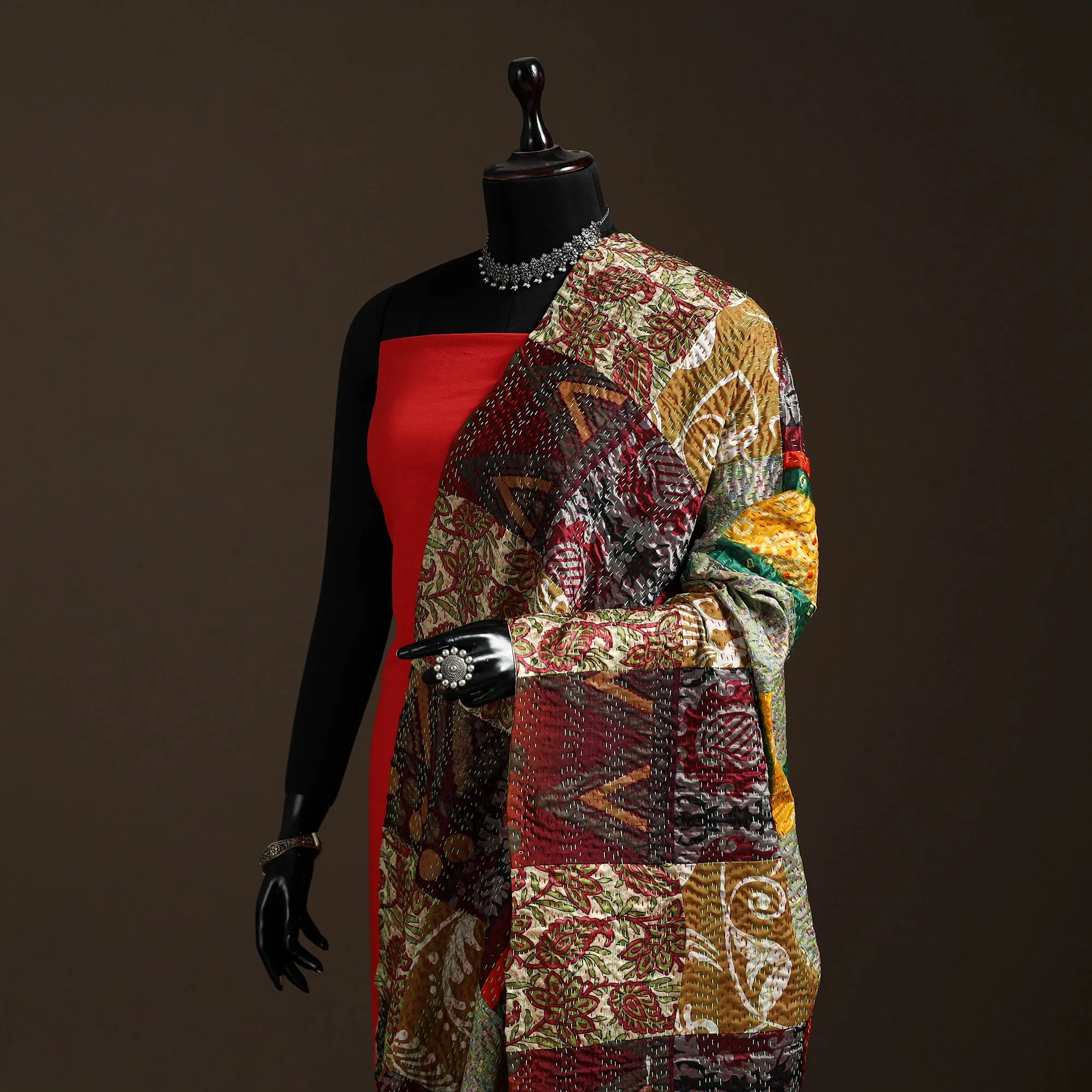 Multicolor - Bengal Hand Embroidery Patchwork Reversible Silk Kantha Dupatta 49 sold by Itokri product image thumbnail 2