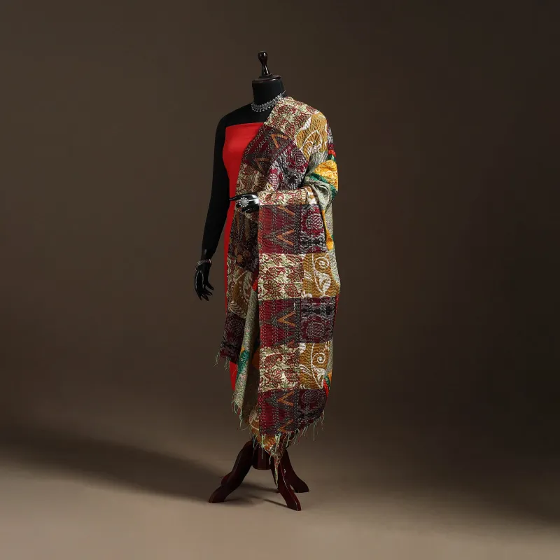 Multicolor - Bengal Hand Embroidery Patchwork Reversible Silk Kantha Dupatta 49 made by Itokri