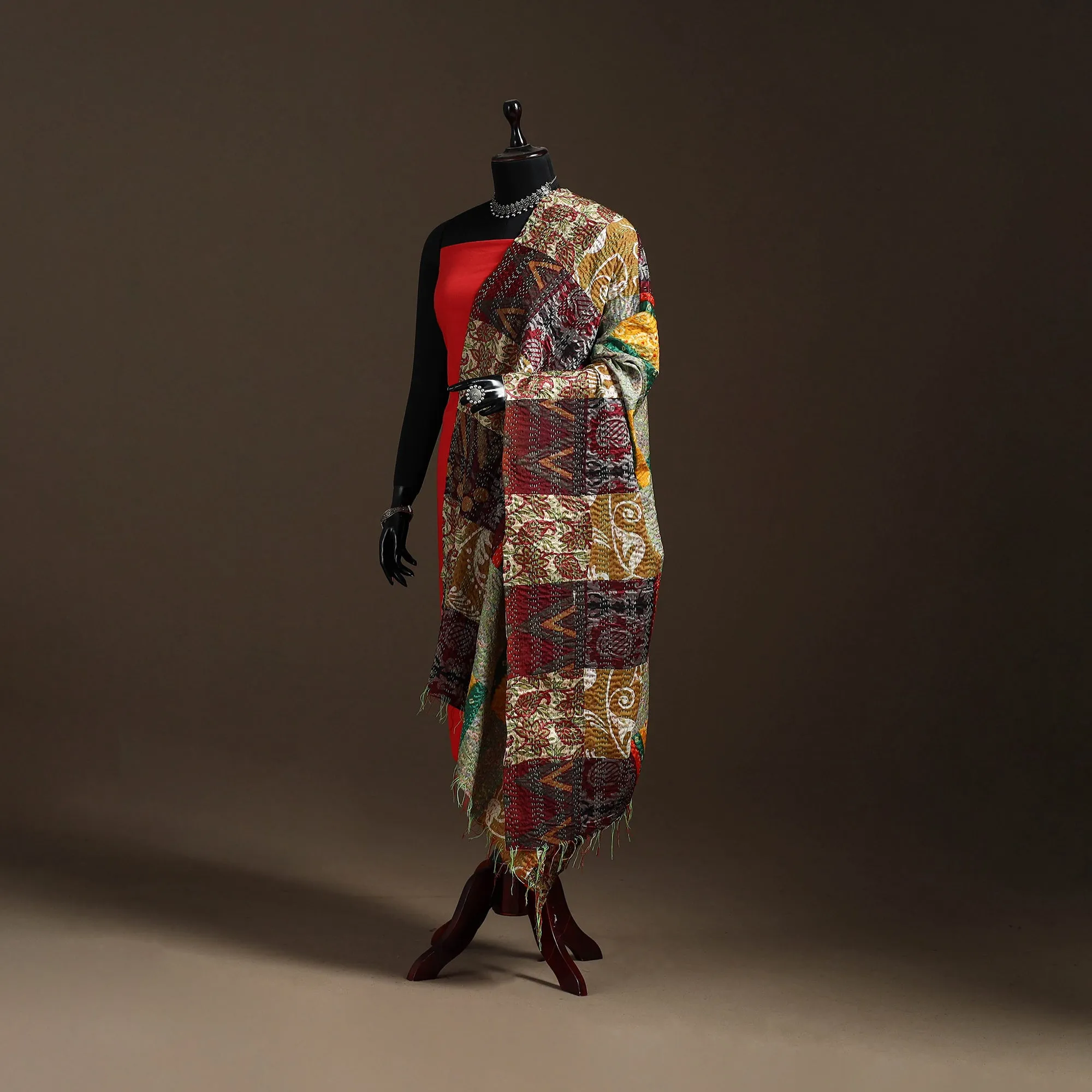 Multicolor - Bengal Hand Embroidery Patchwork Reversible Silk Kantha Dupatta 49 sold by Itokri