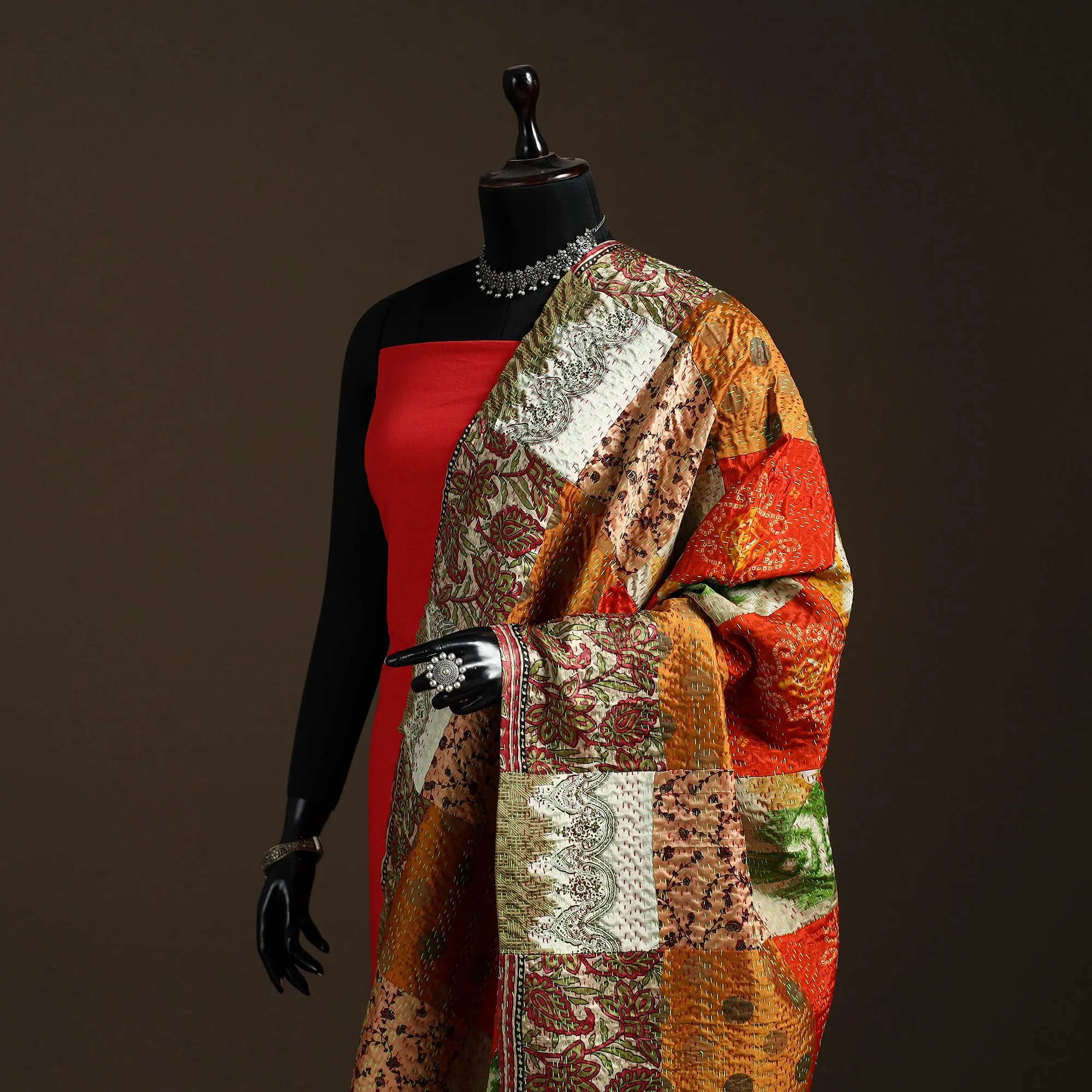 Multicolor - Bengal Hand Embroidery Patchwork Reversible Silk Kantha Dupatta 47 sold by Itokri product image thumbnail 2